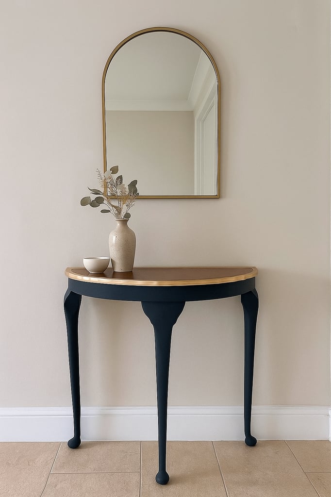 Restored, refinished demi lune table