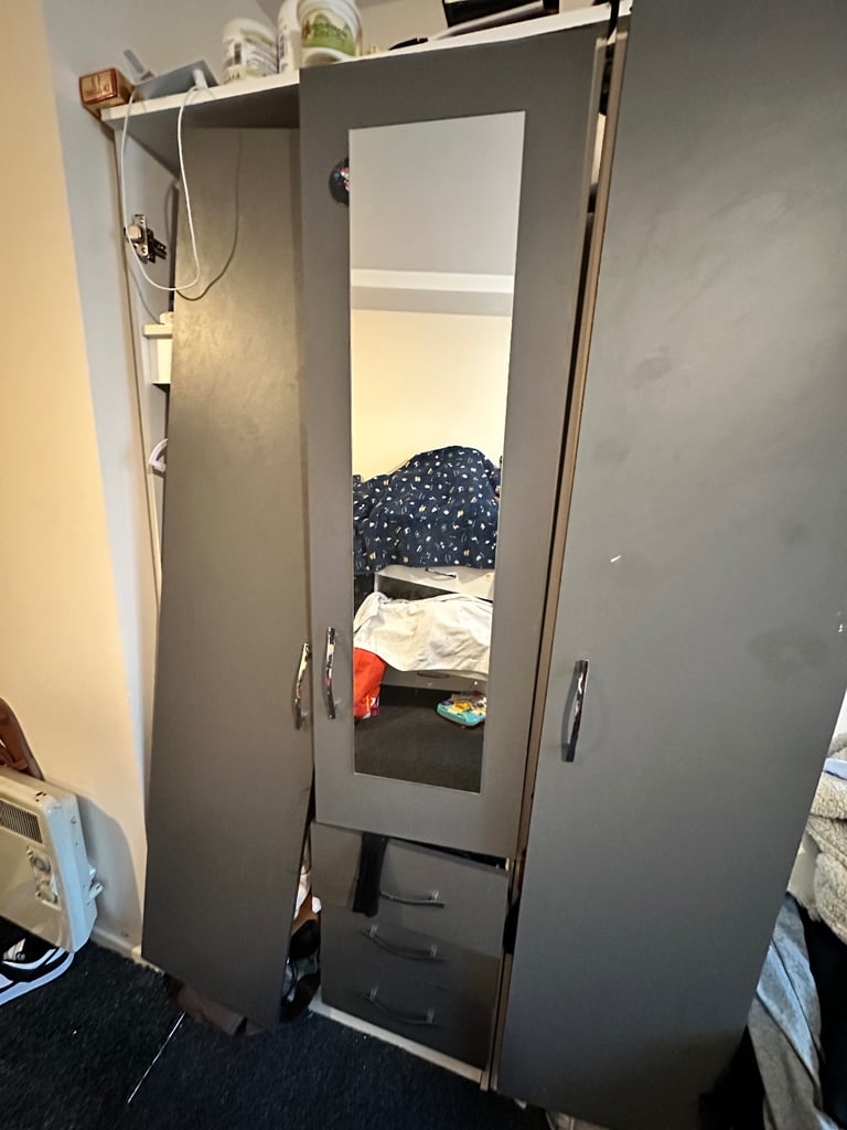 3-Door Grey Wardrobe with Mirror & Drawers – Good Condition