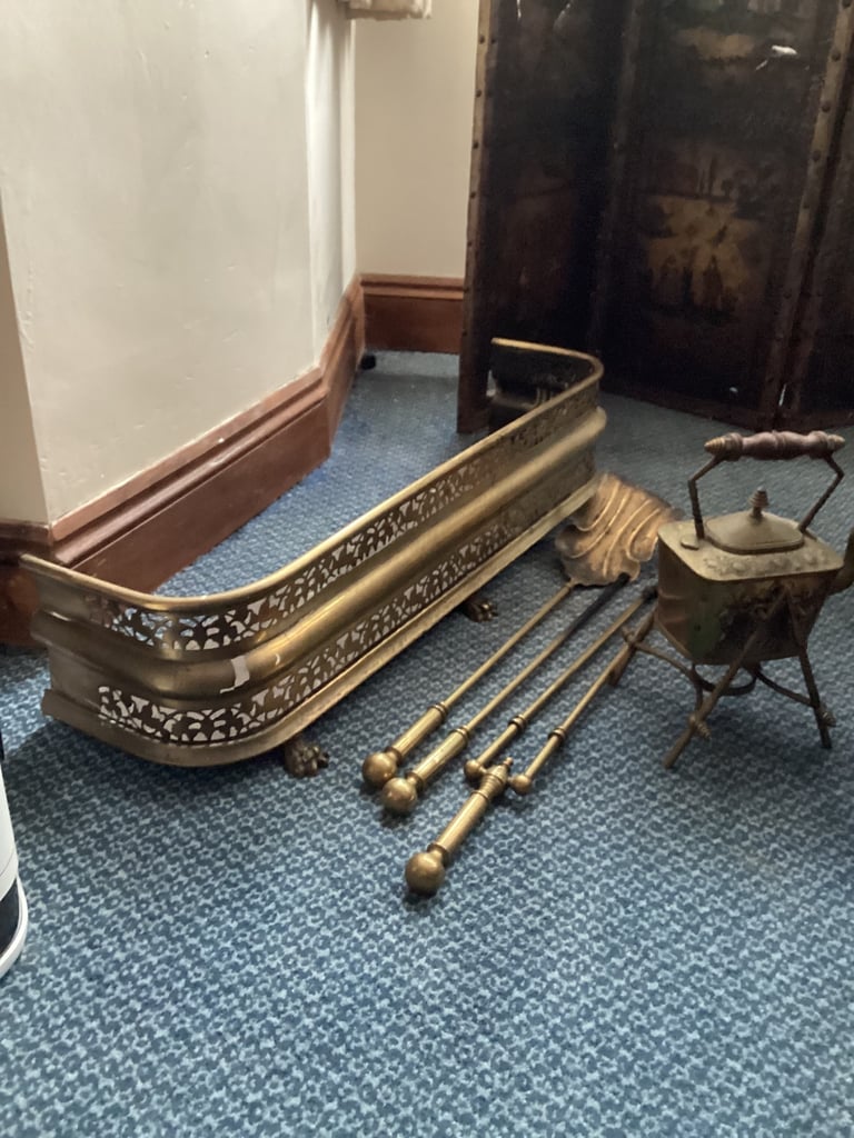 Victorian brass fire irons kettle on  stand..