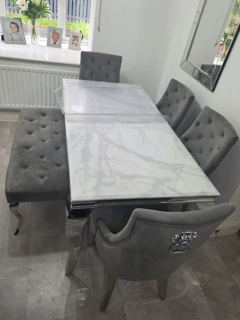 Louis Marble Dining Table + 4 Lion Knocker Chairs + Bench