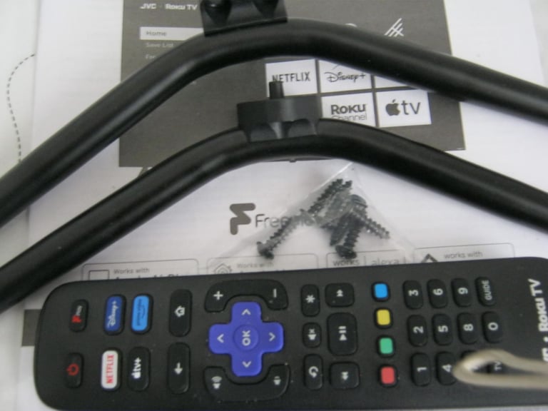 65" JVC ROKU TV STANDS  AND REMOTE CONTROL 