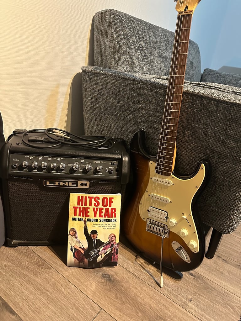  Squier Sonic Stratocaster HSS, 2-Color Sunburst & Line 6 Spider Amp with extras