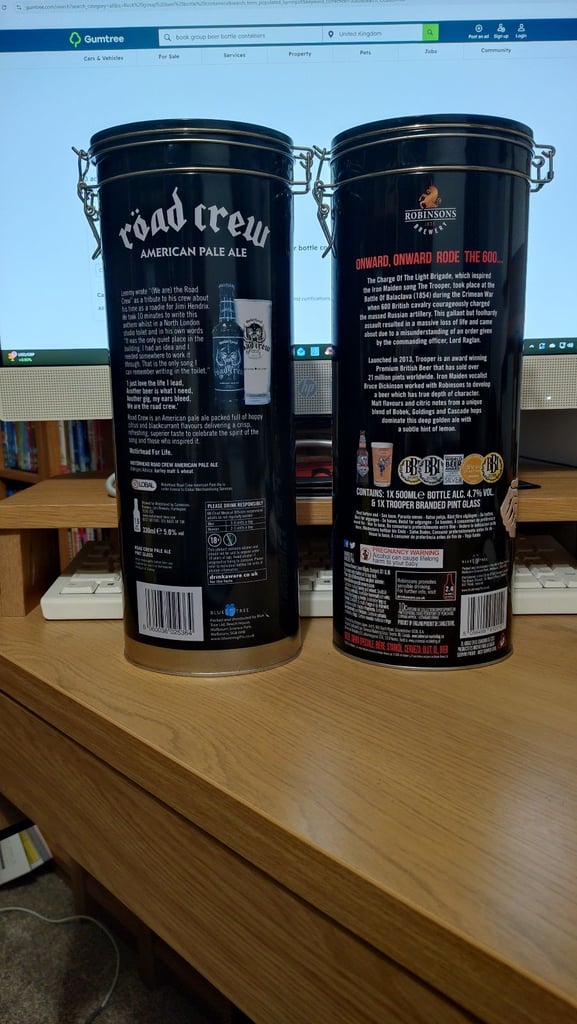 Motorhead 'Road crew' & Iron Maiden 'Trooper' Beer containers (Empty)