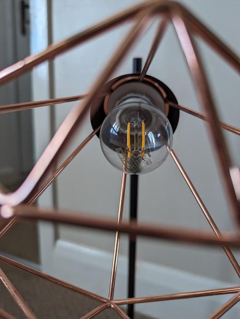 Copper Industrial Cage Table lamp in excellent condition with vintage filament bulb