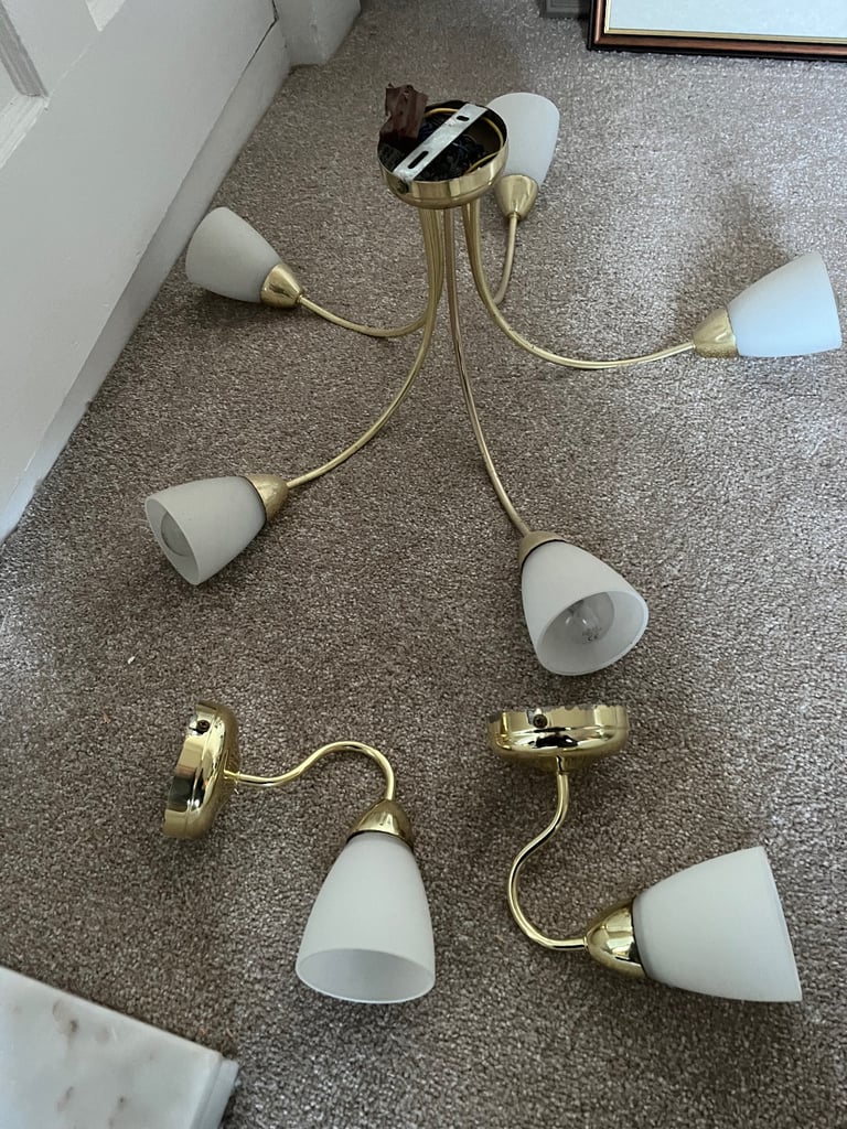 image for Antique brass effect ceiling light and match wall lights 