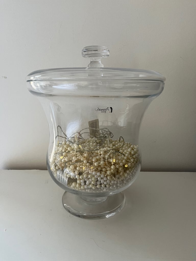 image for Super large & heavy ornate glass lidded sweet jar style pot including pearly fairy lights