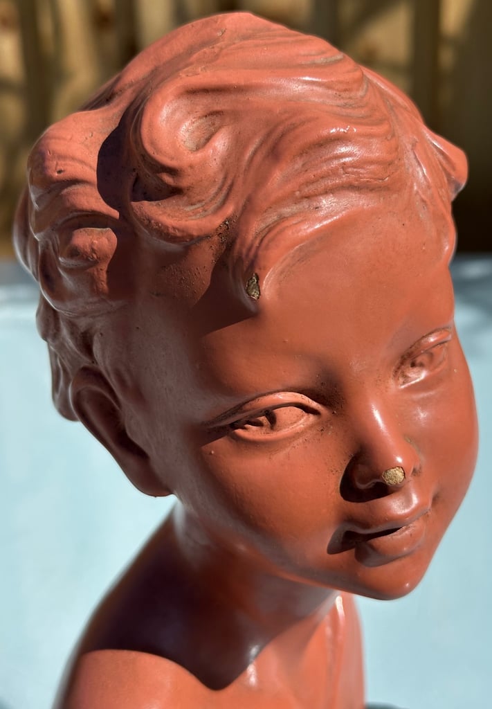 ANTIQUE FRENCH PLASTER BUST OF A YOUNG BOY, PAINTED CHALKWARE STATUE, 27cm tall - 1900s - WILL POST!