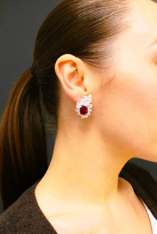 Ruby EARRINGS Cluster Diamond 18k Gold Mozambique Certified Estate Jewelry