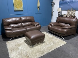 Harvey's Brown Leather 2 Seater and Chair with Footstool