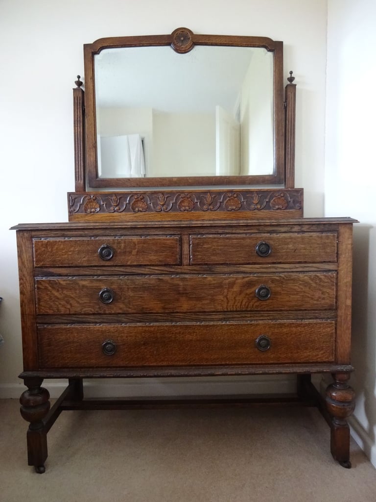 ANTIQUE OAK DRESSING TABLE & CARVED UPSTAND WITH REMOVEABLE MIRROR