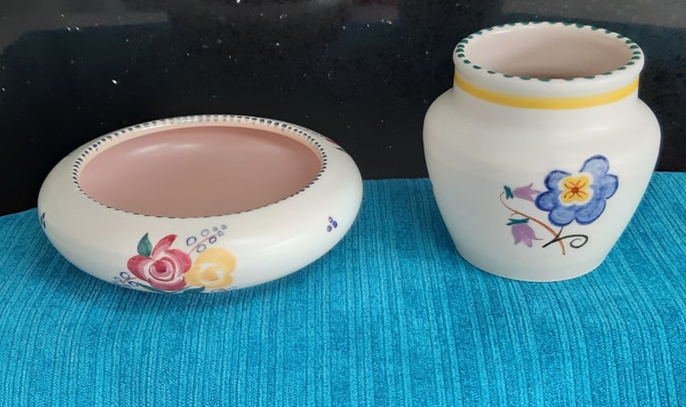 image for Vintage Poole Pottery Shallow Bowl + Small Vase, Traditional Ware 