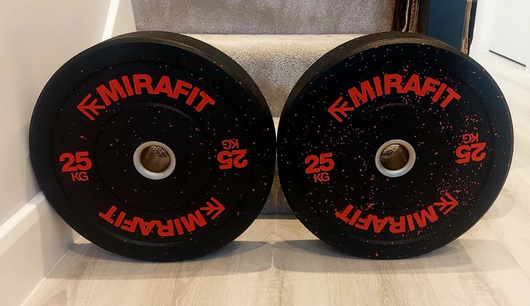 image for Brand new Mirafit 2x 25kg crumb rubber olympic bumper weight plates RRP £150