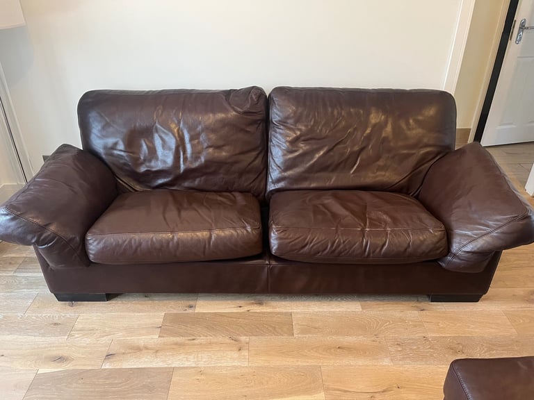 John Lewis Brown Leather 3 seater Sofa, chair and puff with storage