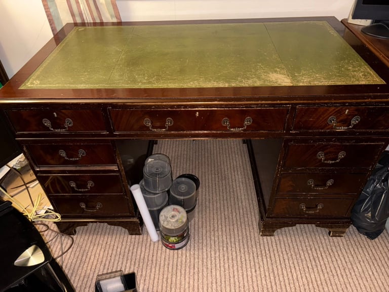 Vintage Solid Wooden Desk with Green Leather Top
