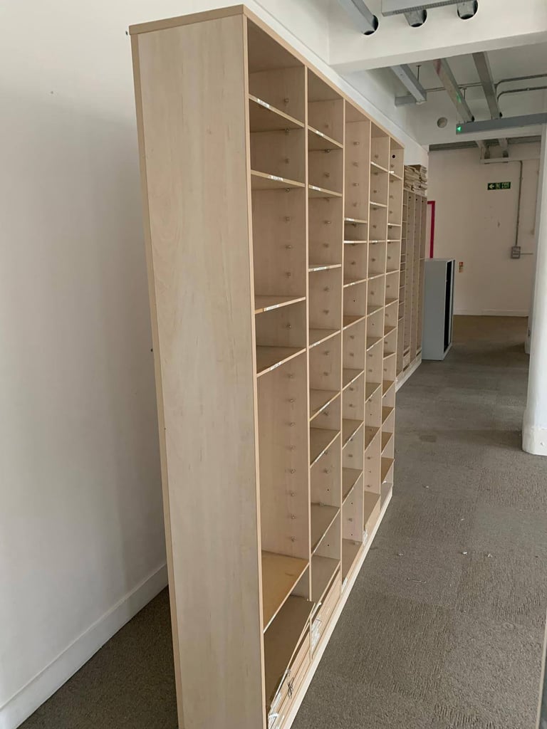 Used Pigeon hole storage unit wooden h 190cm x w 186cm x d 27cm