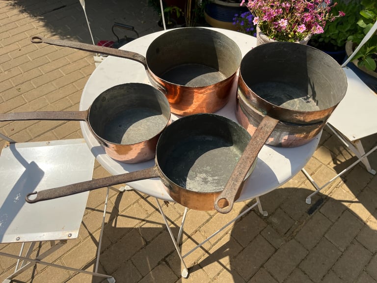4 Antique French Copper Saucepans with Hand Forged Iron Handles