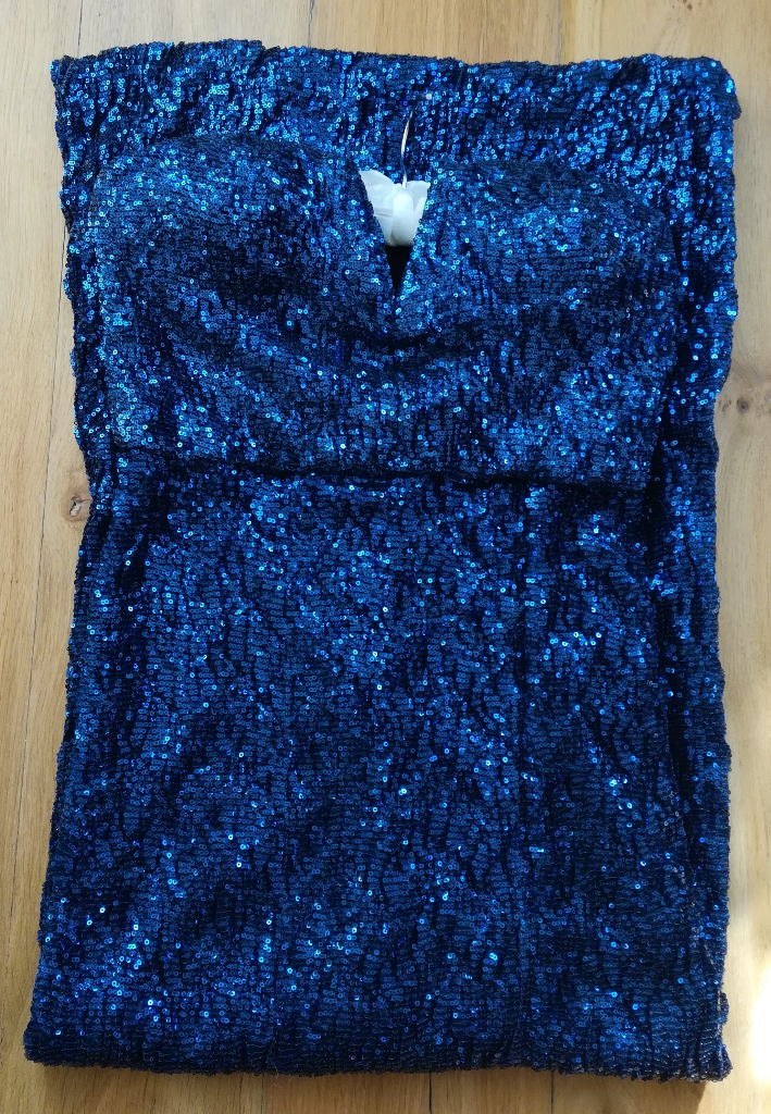 AMY CHILDS BLUE SEQUIN DRESS Designer Maxi Long Hour Glass Fit Strapless Boned Side Split Style