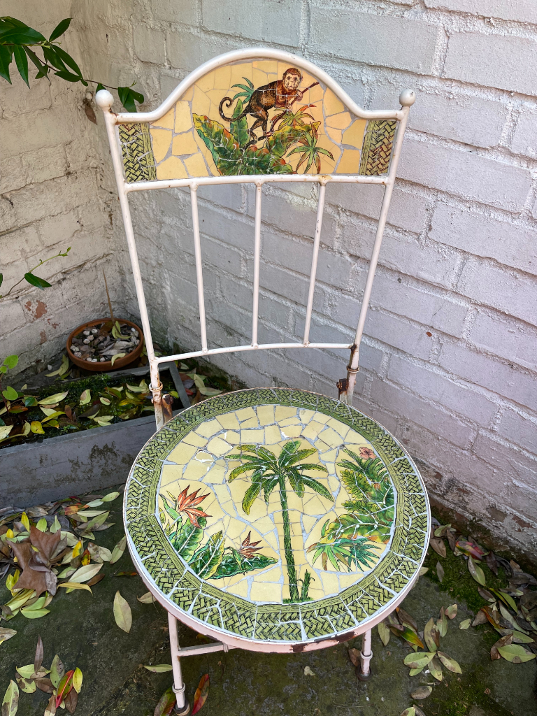 Pair of Antique Mosaic Tiled Garden Chairs - Need Restoration 