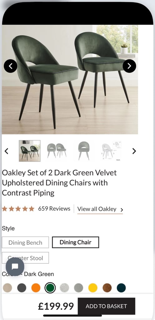 Dark green dining chairs, bench & bar stools