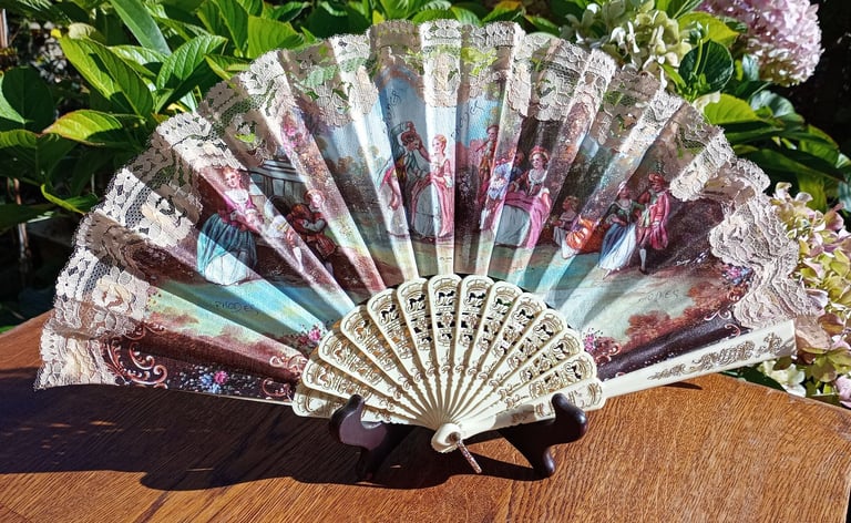 image for Vintage Plastic Fabric and Lace Handheld Fan Cream/Gold Tourist Souvenir Rhodes