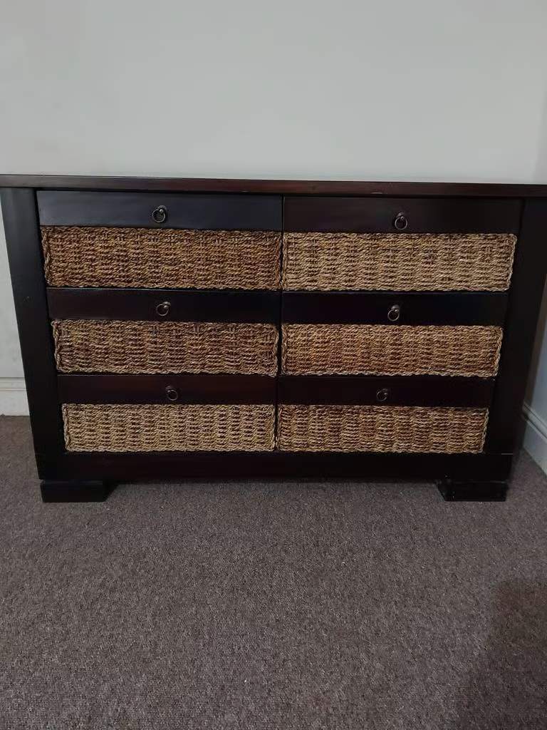 Excellent Quality and Great Condition Heavy Dark Wood and Wicker Chest of Drawers With 6 Drawers