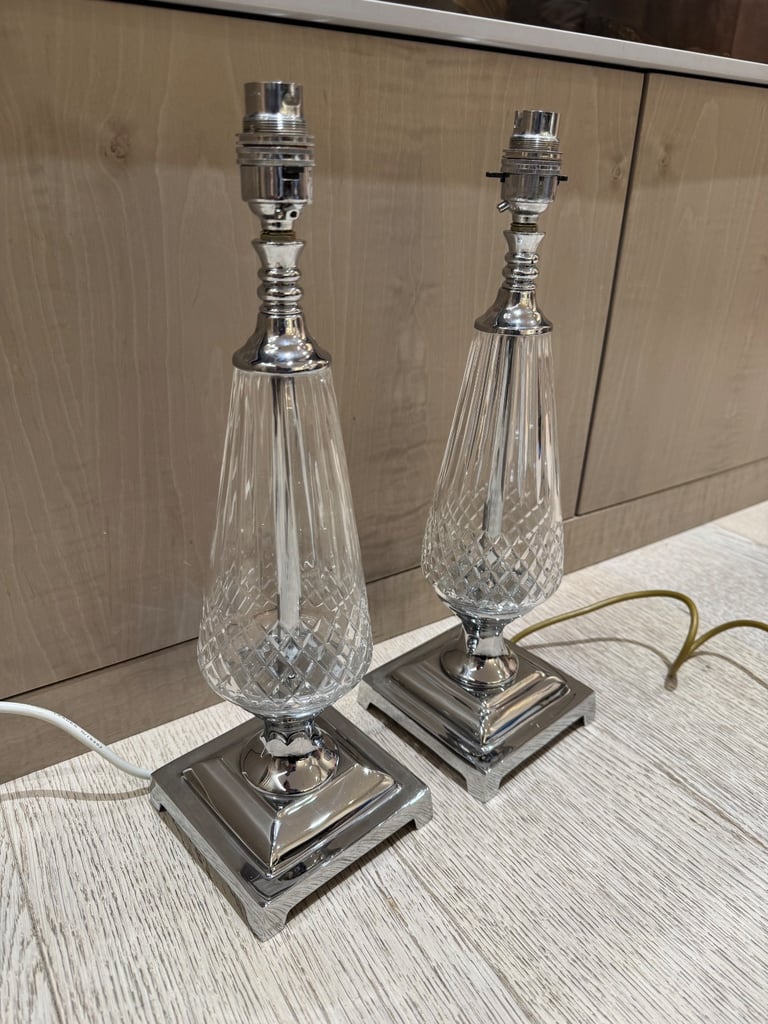 Pair of cut crystal & stainless steel table lamps (no shades)