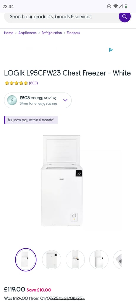Currys 96 litre chest freezer - RRP £129