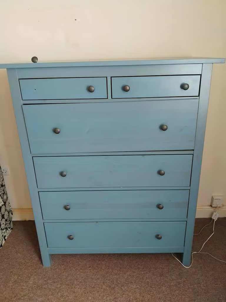 A Very Large, Tall and Heavy, Light Blue Wooden Chest of 6 Drawers, for Bedroom or Other Rooms