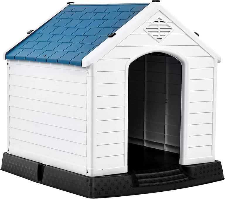 Large Dog Kennel House Durable Plastic Outdoor Indoor Blue White Shelter Pet Home