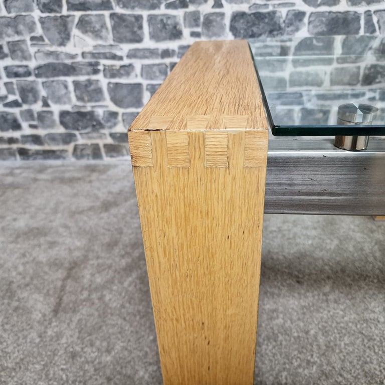 Modern Oak & Glass Side Table with Brushed Steel Detail