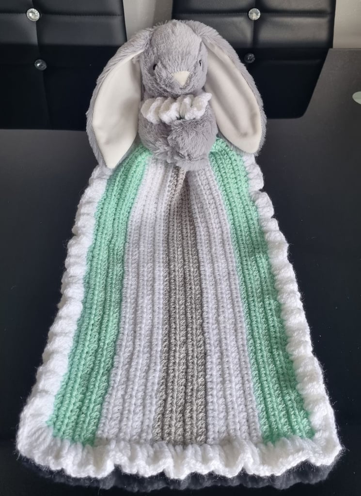 Crochet Baby Blanket, Personalised, Mint Green & White  