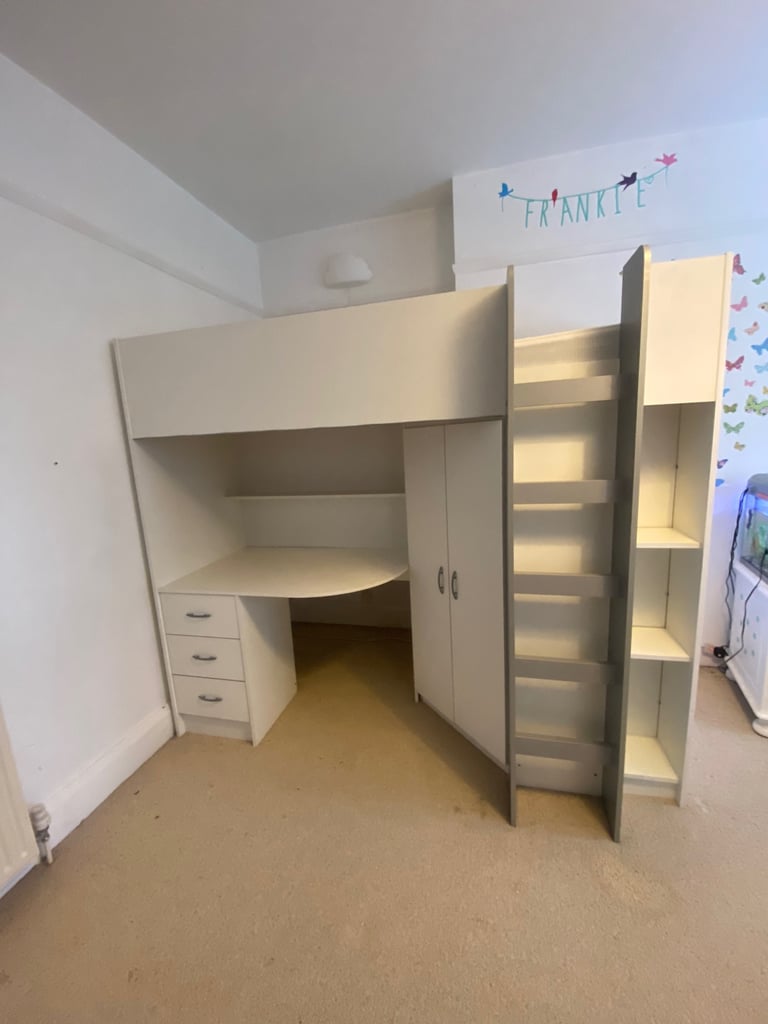 Calder high sleeper bed with desk, wardrobe and bookshelves 