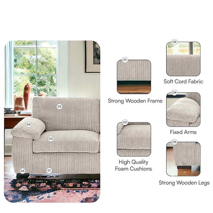 Brand New Sofa Set - Thomes Full Back Jumbo Cord L Shape Corner OR 3+2 Seater Sofa - Cream
