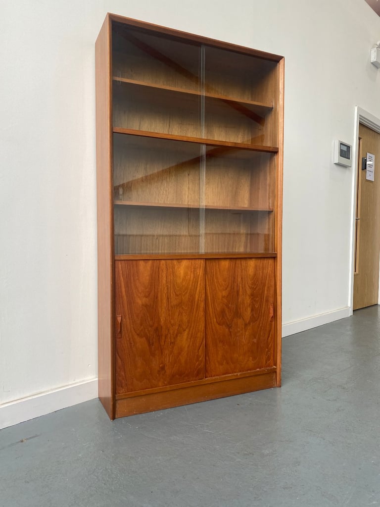 image for Herbert Gibbs teak retro vintage mid century display cabinet with glass bookshelf boocase