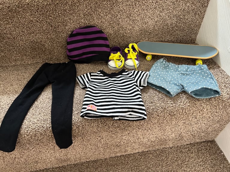 Our Generation Doll’s scooter, skateboard and helmet with outfits