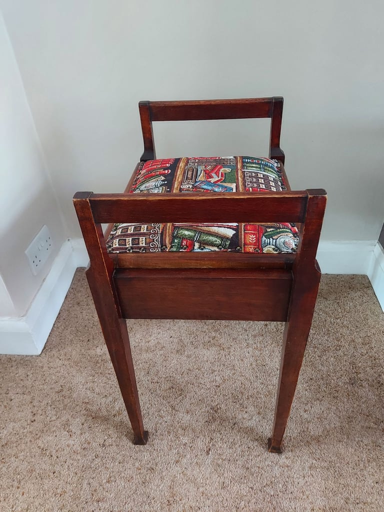 Antique Edwardian inlaid mahogany lift-top piano stool