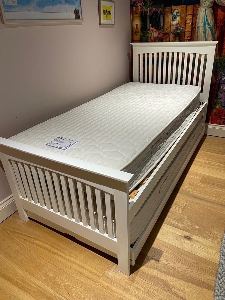 image for White single bed and trundle bed with 2 mattresses 