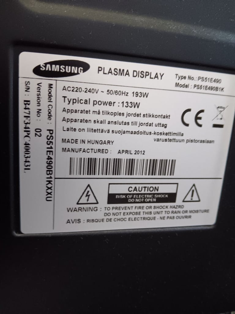 Samsung Plasma Television  Model PS51E490