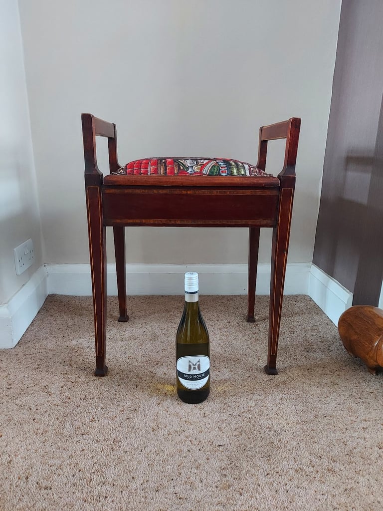 Antique Edwardian inlaid mahogany lift-top piano stool