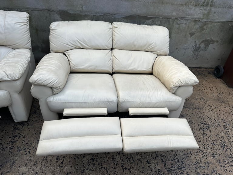 Cream leather 2 seater sofa & manual recliner armchair 