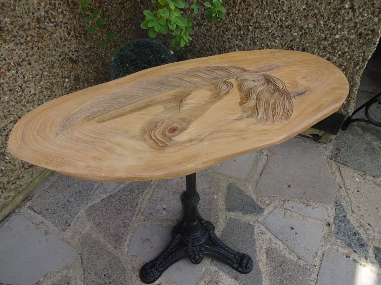 LIVE EDGE TABLE ~ CAST IRON PEDESTAL BASE WITH SLAB OF OAK TOP ~