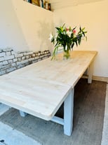 9.5 foot Vintage Farmhouse Pine Extending Dining Table refurbished 