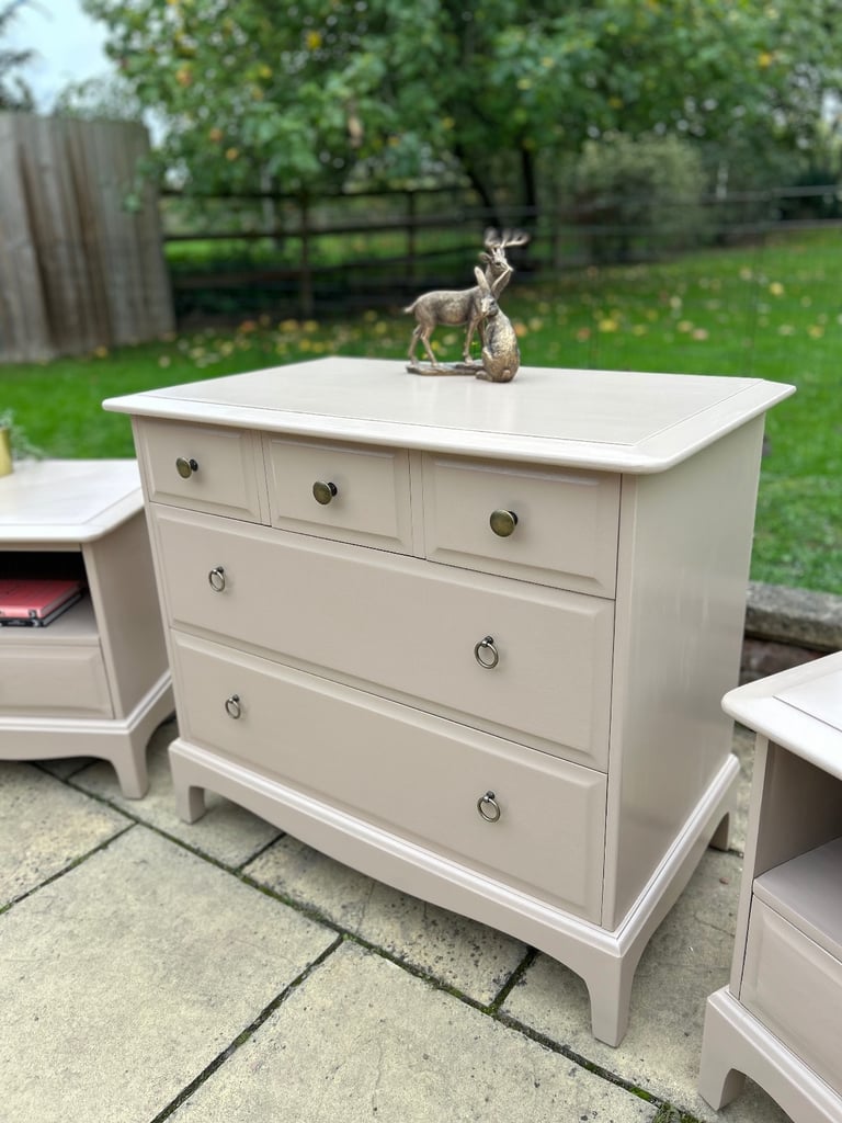 Upcycled Stag Minstrel chest of drawers and bedside cabinet set