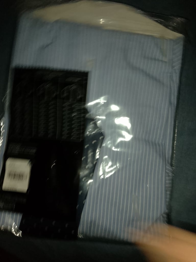 Mans blue and white striped shirt with tie 15 and a half collar brand new in packaging Sainsbury's 