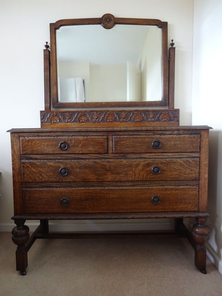 ANTIQUE OAK DRESSING TABLE & CARVED UPSTAND WITH REMOVEABLE MIRROR