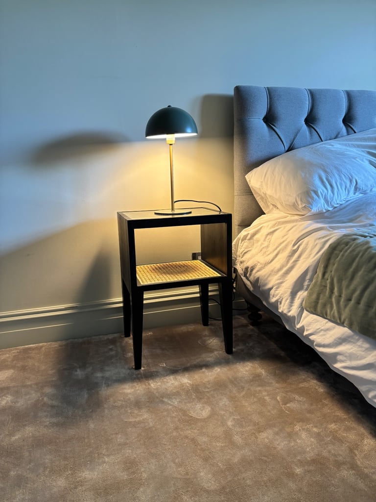 Bedside tables x2 black oak / rattan / glass top 