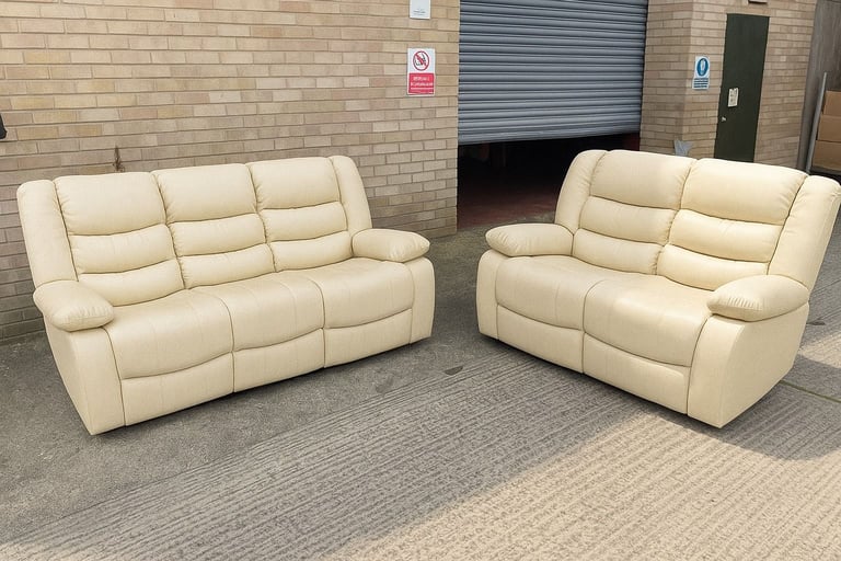 image for  ** 🤍 Stylish Roma 3+2 Recliner Sofa – Cream Faux Leather Comfort **