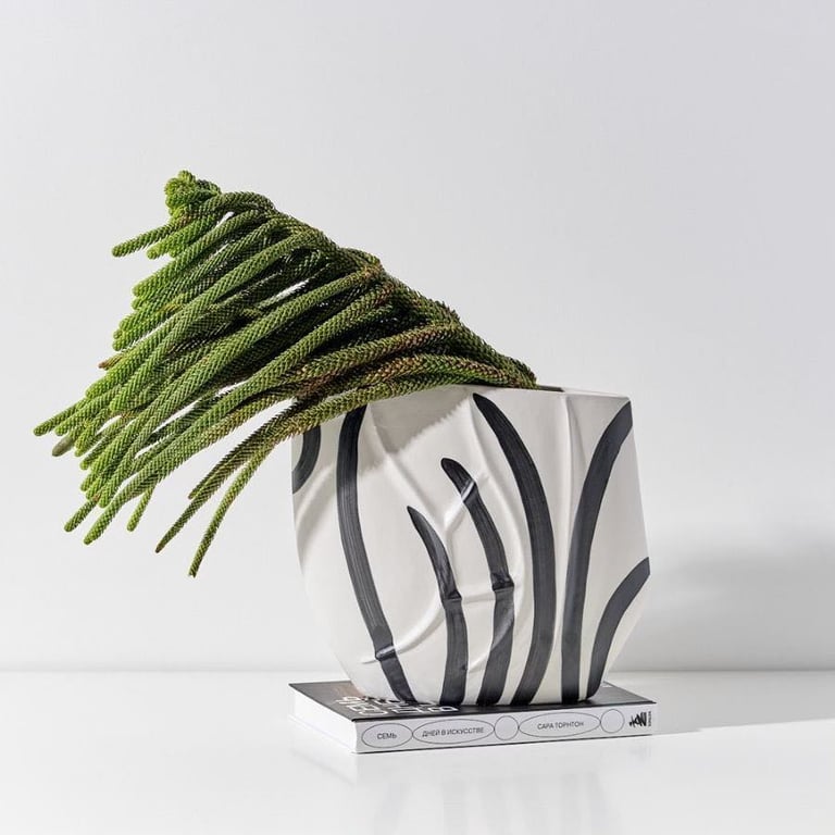 Ceramic Reed Vase – Black & White Striped Design