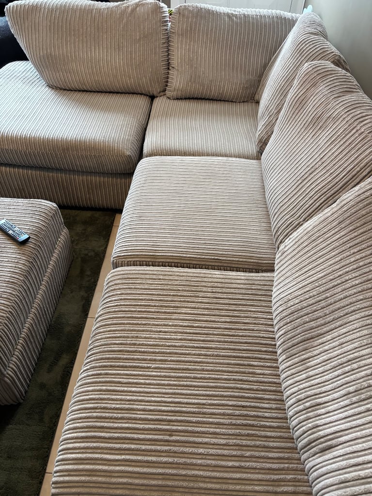 Right-Hand Corner Sofa – Jumbo Cord Beige with Ottoman Footstool and Electric Recliner