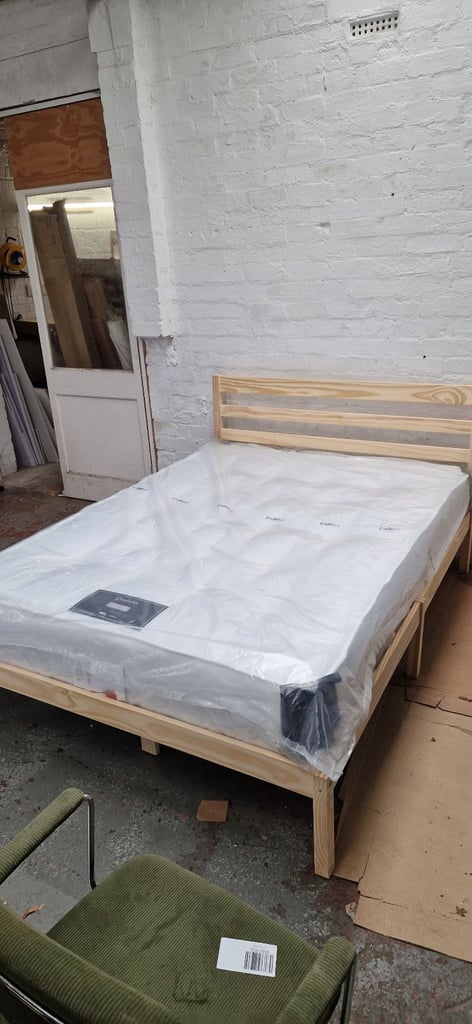 image for  Argos home kaycie double 4ft 6ins wood bed frame - Natural & new orthopaedic mattress 